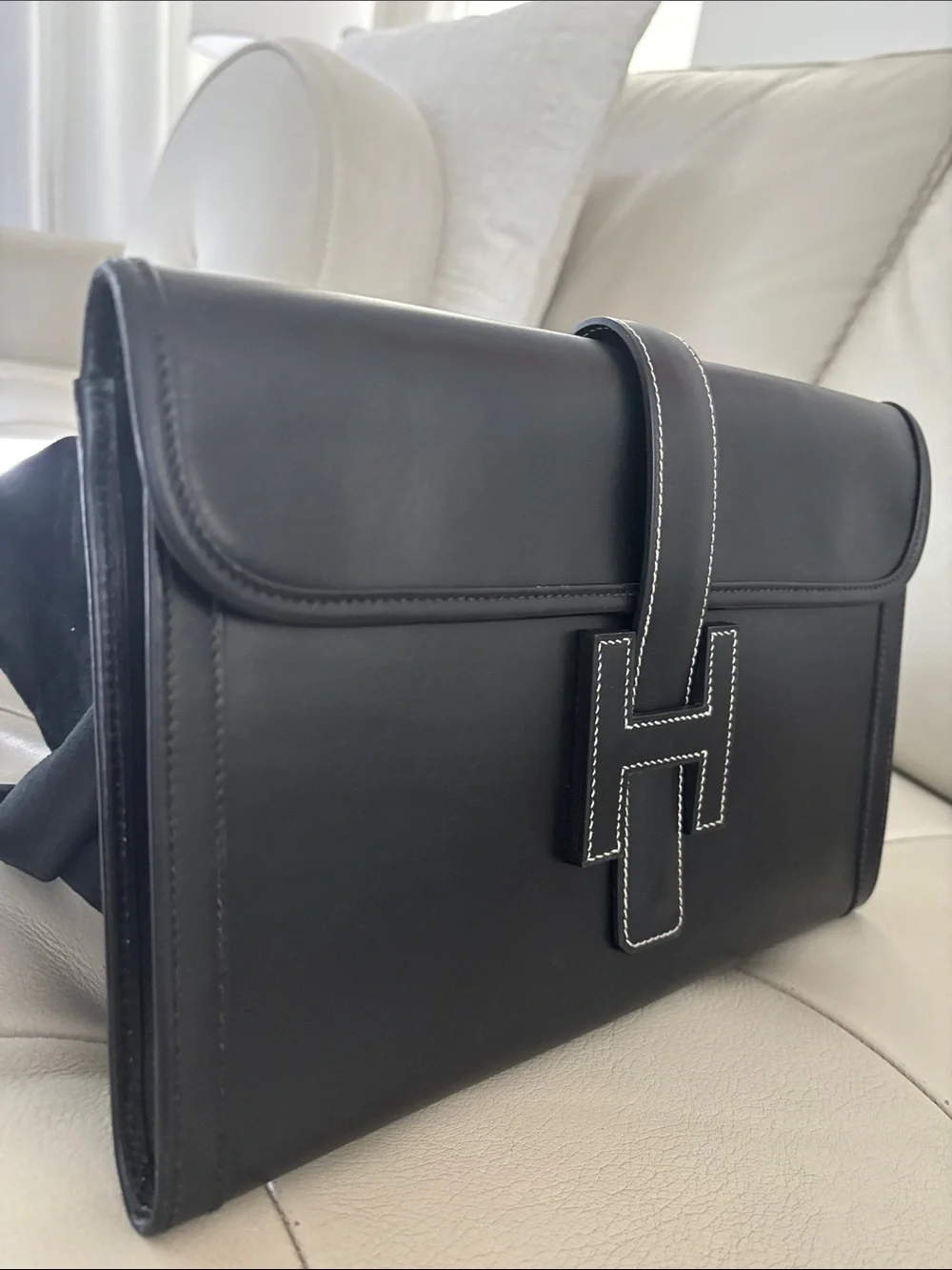 Hermes Black Leather Clutch with White Contrast Stitching